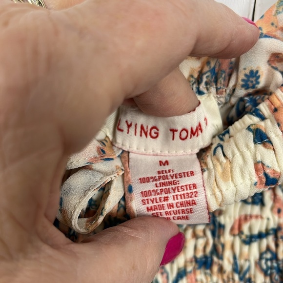 Flying Tomato Womens Top M Cream Blue Gold Smocked Bodice Off-Shoulder Smocked - Picture 2 of 12